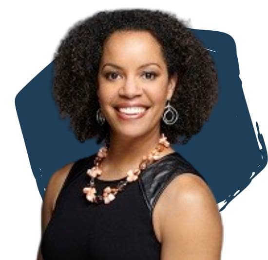 Danielle Slaton, Board Director, in front of a blue hexagon.